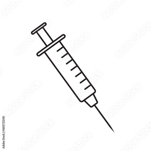 Minimal Syringe Icon – Black Line Art Medical Injection Needle Isolated on Transparent Background