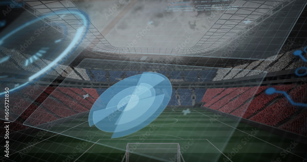 Obraz premium Displaying circular holographic radar hovering above soccer pitch at arena, with 3D grid, goalposts