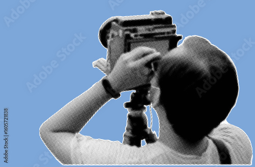 close up rear view of photographer taking pictute with large format camera pixelate black and white color halftone dotted texture style collage element isolated on blue background