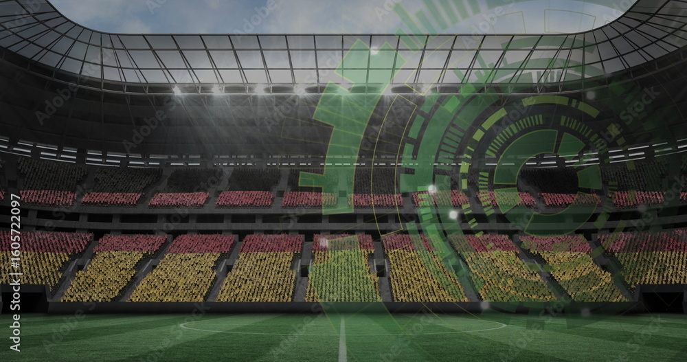 Obraz premium Showing stadium interior with lined grass pitch and block seats under glass roof, green HUD overlay