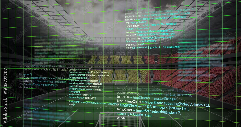 Naklejka premium Overlaying central green wireframe grid and code snippets over goalposts in stadium, simulation