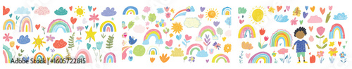 Crayon drawn kid doodle collection. Colorful childish elements like clouds, flowers, bows, rainbows and sun. Adorable girly doodle collection. Naive vector illustrations. Crayon drawn kid drawings cop