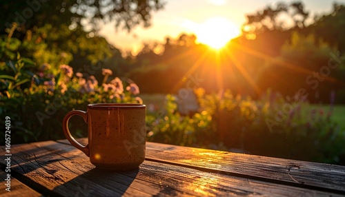 Sunlight hitting a ceramic coffee mug placed on wooden table in outdoor garden