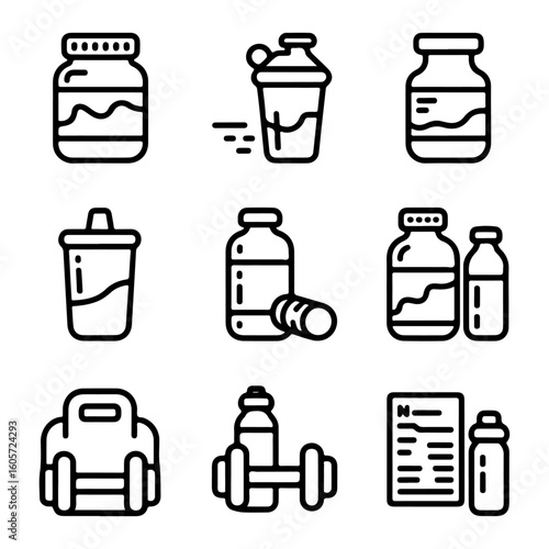  Quality full and unique Sport supplements and fitness nutrition line icon set 