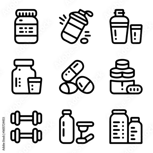 Quality full and unique Sport supplements and fitness nutrition line icon set 