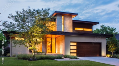 Contemporary house exterior at dusk, warm inter
