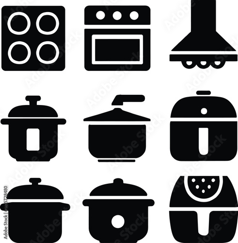Kitchen appliances silhouette icons set vector illustration cooking tools equipment stove oven and pots design