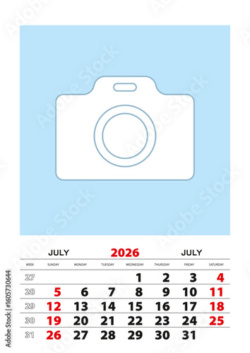 July 2026 calendar planner A3 size with place for your photo.
