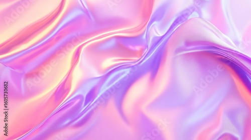 A pink color gradient iridescent background features an abstract rainbow effect with pastel hues.