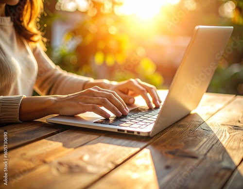 woman working on a laptop outside on a wooden table