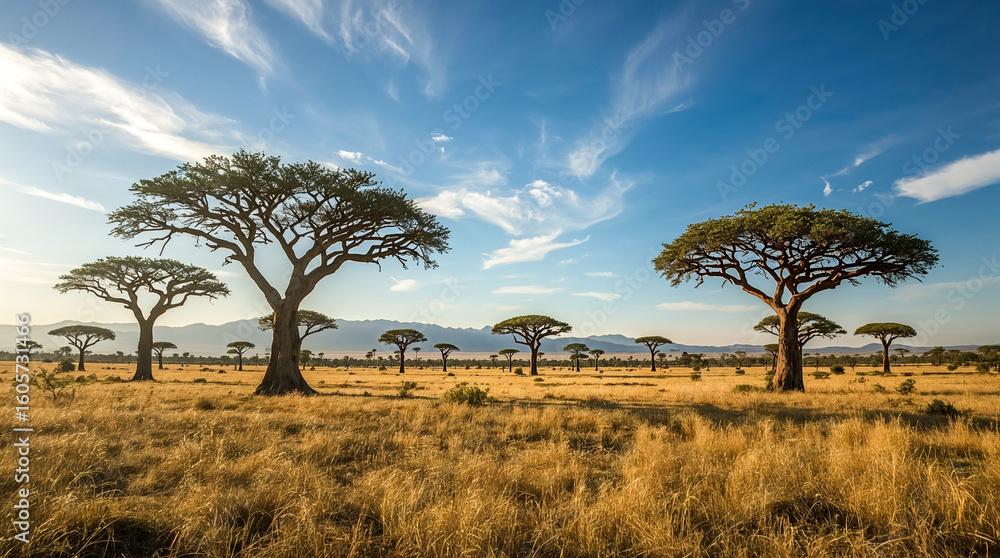 Obraz premium Iconic acacia trees dot the vast, golden savanna under a vibrant blue sky with wispy clouds. Mountains rise on the horizon in this breathtaking African landscape.