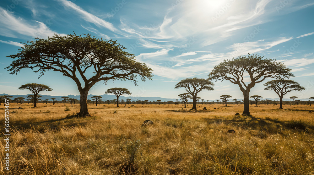 Obraz premium Iconic acacia trees dot the golden savanna under a vast blue sky with wispy clouds, bathed in warm sunlight. A classic African landscape.