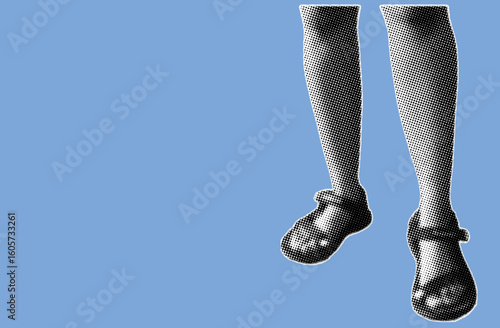 close up of standing woman's feet wearing sandals pixelate black and white color halftone dotted texture style collage element isolated on blue background