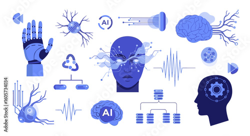 Illustration showcasing various artificial intelligence concepts and technological representations