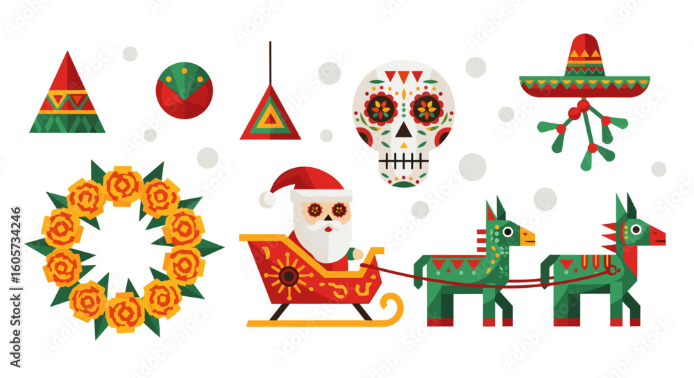 Naklejka premium Festive christmas and day of the dead elements including santa donkeys and sugar skull decorations