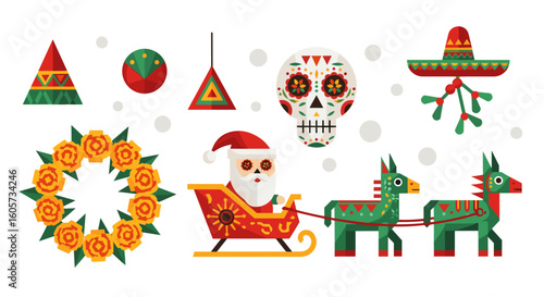Festive christmas and day of the dead elements including santa donkeys and sugar skull decorations