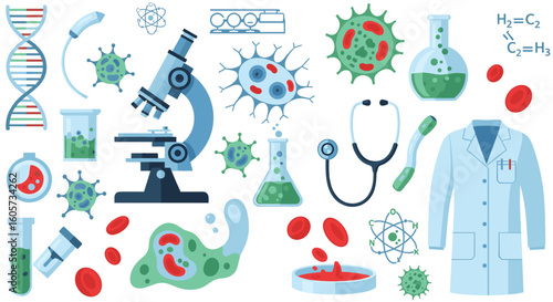 Illustration of medical and scientific equipment including microscope dna and lab coat on white background