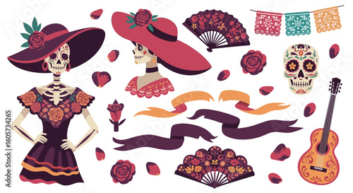 Collection of dia de los muertos elements including skeletons flowers guitar and decorative banners art work