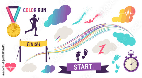 Illustration showing a runner, medal, clouds, finish line, and other elements for a color run event