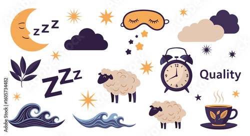 Illustration featuring sleep related elements including moon sheep clouds and alarm clock for quality sleep