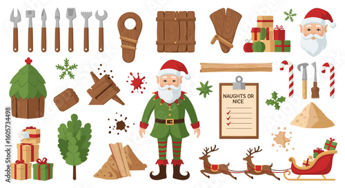 Illustration of christmas themed objects including santa elf gifts and woodworking tools on a white backdrop