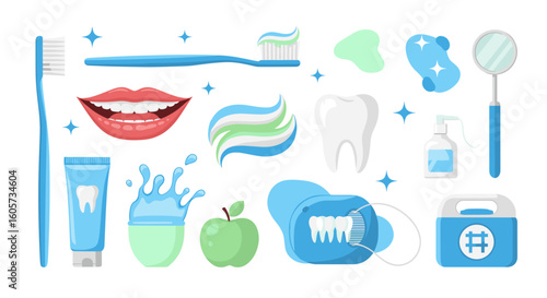 Illustration of dental hygiene products including toothbrush toothpaste floss mouthwash and a mirror on white