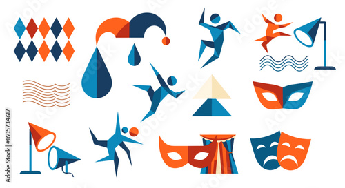 A collection of abstract theatrical elements including masks dancers and harlequin patterns in orange and blue