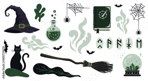 Collection of halloween elements including a witch hat potion book runes and black cat with bats webs 99charact