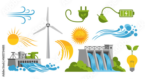 Illustration showing various sources of renewable energy including wind, sun, and hydroelectric power