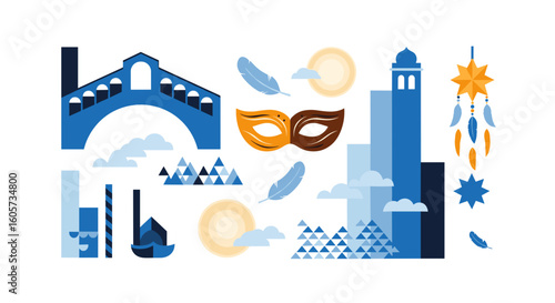 Illustration of venice elements including bridge mask tower boat and dreamcatcher in blue and gold tones
