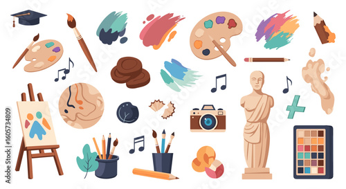 Illustration of art supplies including paint brushes palette easel and sculpture on a white background