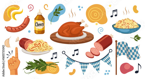 Illustration of oktoberfest themed food and decorations including sausage turkey and a checkered flag