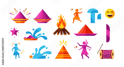 Colorful holi festival elements including powder cones bonfire dancers water splashes and drum illustration