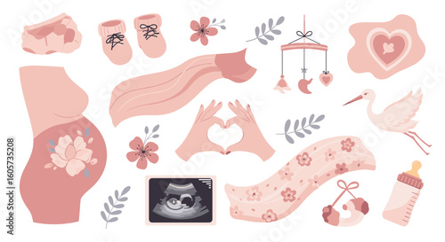 Collection of baby shower themed illustrations with pregnant woman and baby related elements in pink