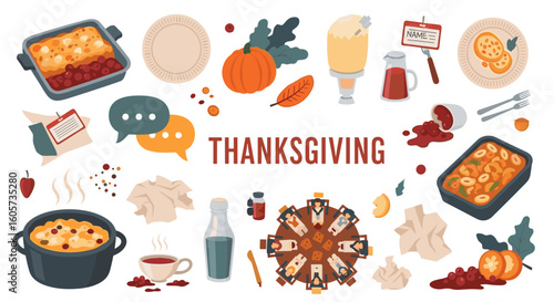 Illustration featuring thanksgiving themed items including food and decorations arranged together