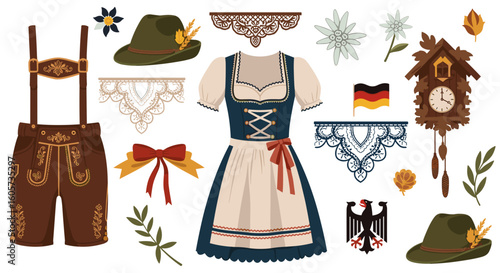 Collection of bavarian cultural elements including traditional clothing and symbols of germany shown