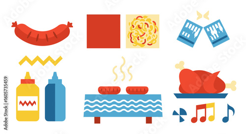 A colorful illustration of various food items including sausage, chicken, sauces and other elements