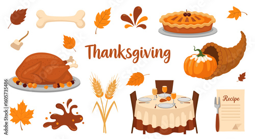 Thanksgiving feast with turkey pie leaves cornucopia table setting and recipe card illustration