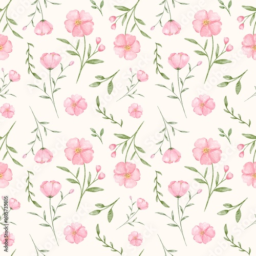 Dainty flower seamless pattern background with delicate watercolor pink blossoms in a vintage, cottagecore aesthetic.