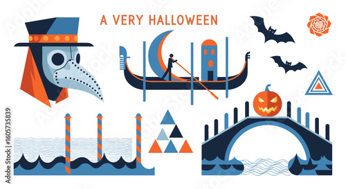 A halloween themed vector graphic featuring a plague doctor mask, gondola, bats, and jack o lantern bridge
