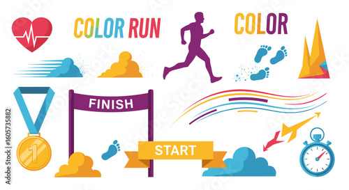 Illustration of color run elements including runner, finish line, medal, and start banner design