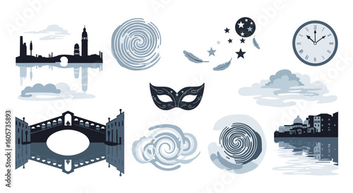 Collection of venice themed icons including buildings mask clock and fingerprint designs in grayscale tones