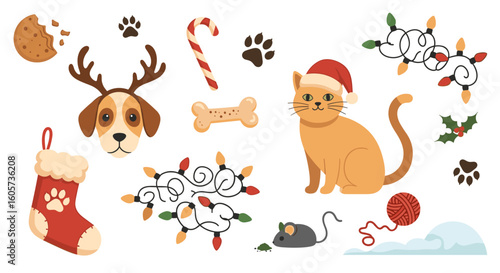 Festive christmas themed vector illustration featuring a cat dog lights and holiday ornaments scattered around