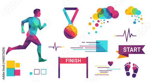 Polygonal runner with medal, start and finish lines, heartbeat and footprints illustration