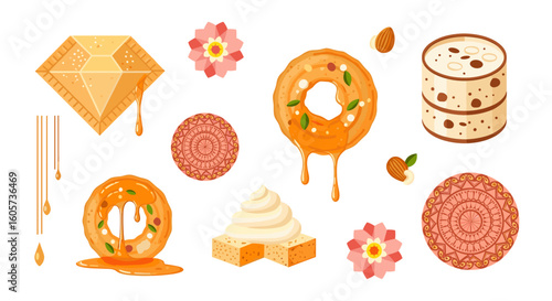 A delightful assortment of sweets including diamond shaped candy and honey glazed desserts displayed nicely