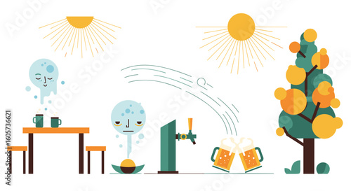 Illustration of an outdoor beer garden with suns, ghosts, beer tap and two mugs clinking together