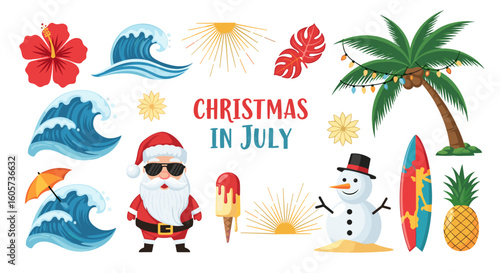 Christmas in july themed vector illustration featuring santa claus and tropical beach elements festive design