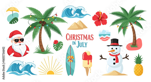 Christmas in july themed illustration with santa, snowman, palm trees and summer elements