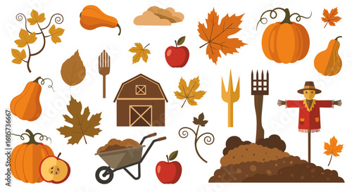 Illustration of autumn harvest elements including pumpkins apples leaves barn scarecrow and gardening tools