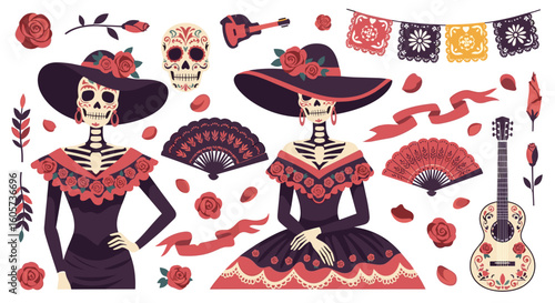 Two catrinas with roses, guitar, skull, and banners for day of the dead celebration illustration